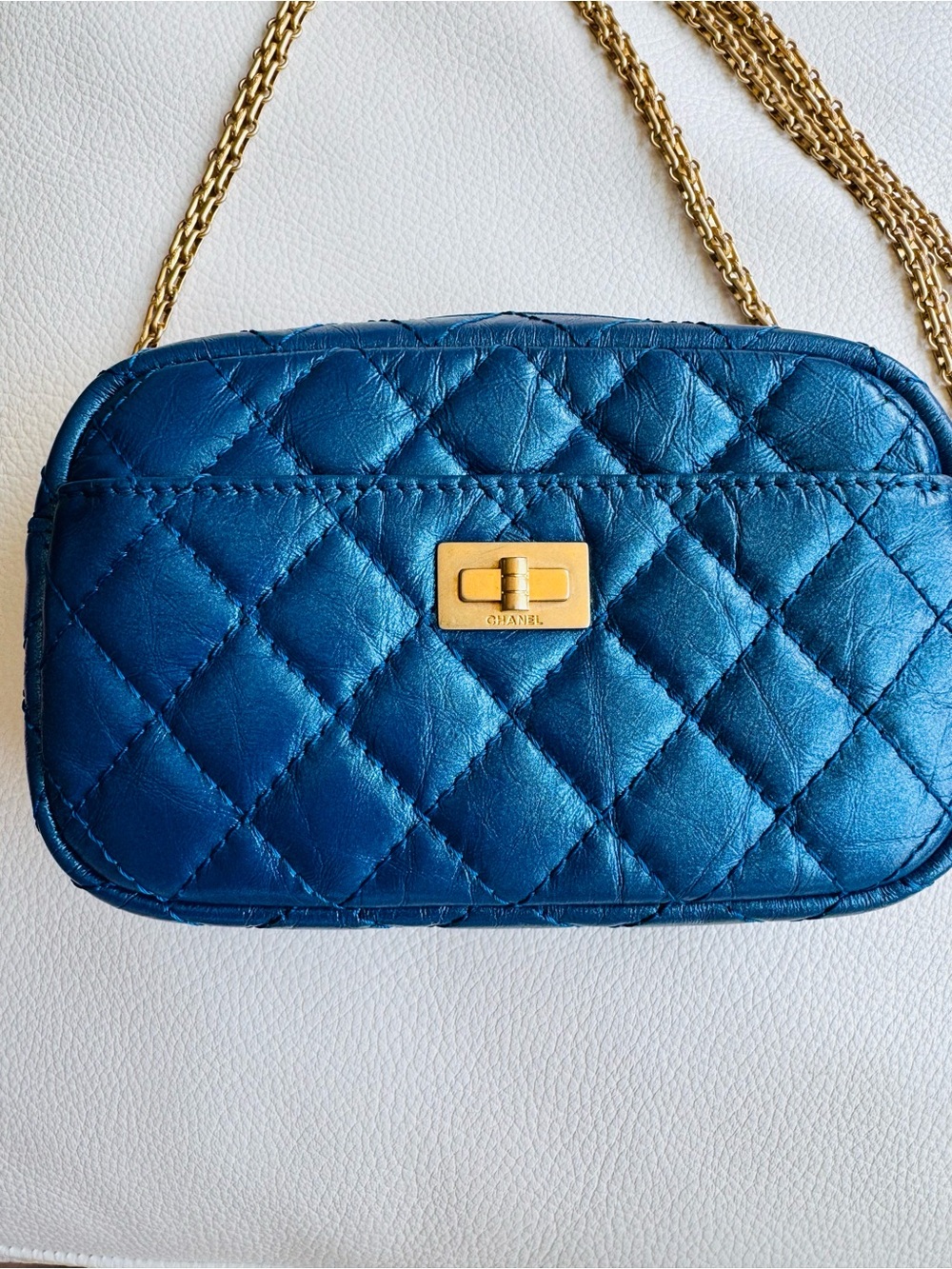 Chanel Mini 2.55 Reissue Quilted Metallic Blue Crossbody Bag with Gold Chain - Picture 9 of 16